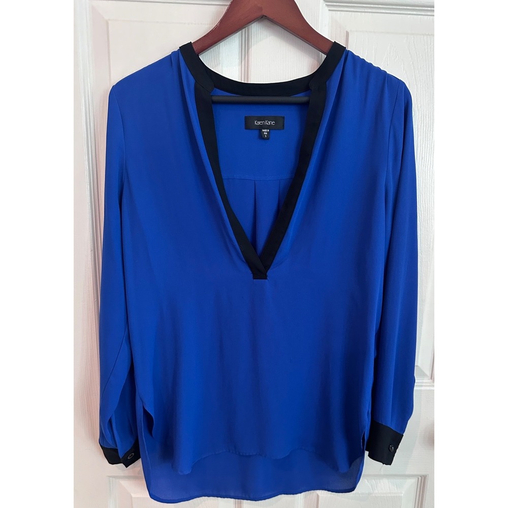 Karen Kane Blouse S Cobalt Blue Black Trim V Neck Long Sleeve Made USA Workwear - Picture 2 of 7